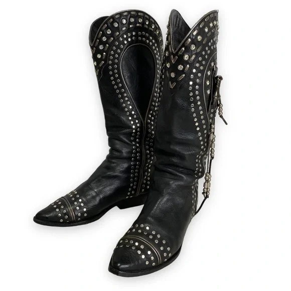 El Vaquero -  Studded Rhinestone Tassel Black Boots- - 7 - Picture 2 of 15